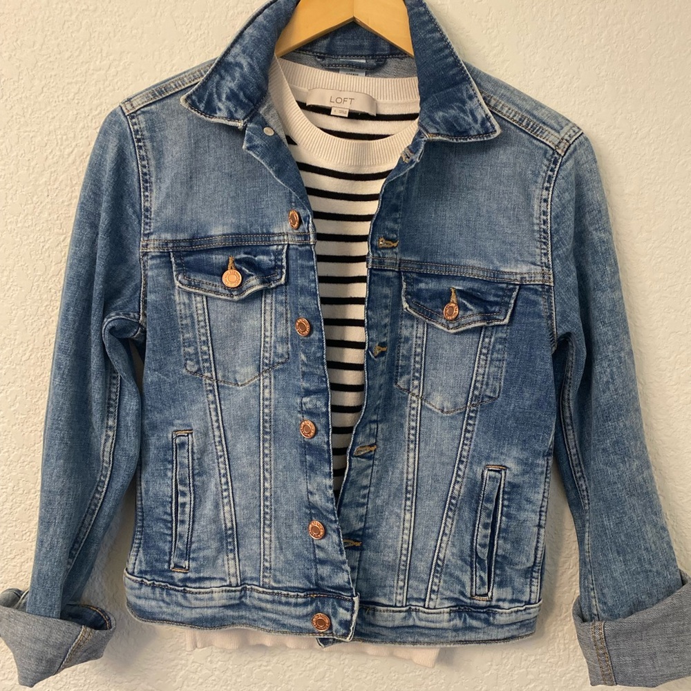 LOFT Black and White Striped Knit Top + H&M Denim Blue Jean Jacket